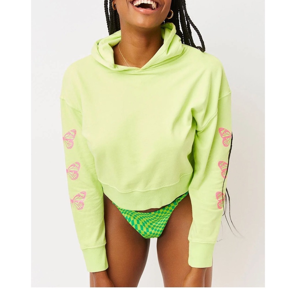 Frankies Bikinis burl grass Green Butterfly Sleeve Cropped Hoodie Sweatshirt M